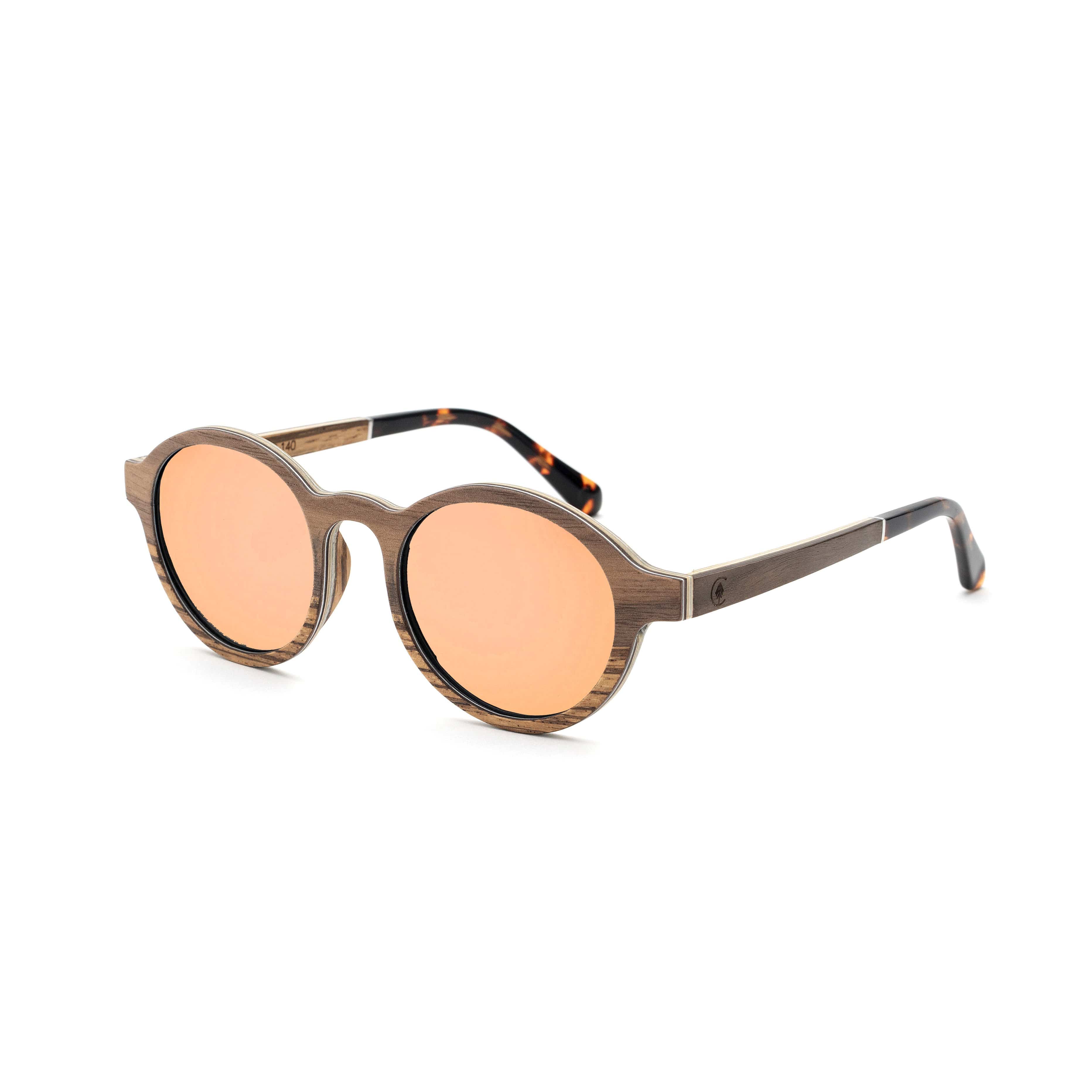 Round Walnut Wood Sunglasses Blue Lenses Polarized